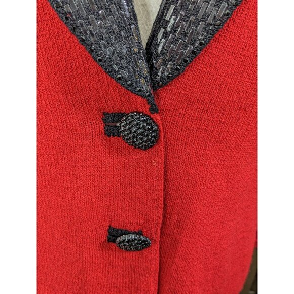 Vintage Toula Two Button Cardigan Jacket Red Knit Black Sequin Collar Womens 10 - Picture 6 of 7